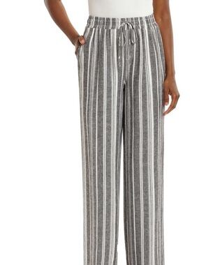 Briggs New York Gray & White Striped Wide-Leg Drawstring Pants size M linen